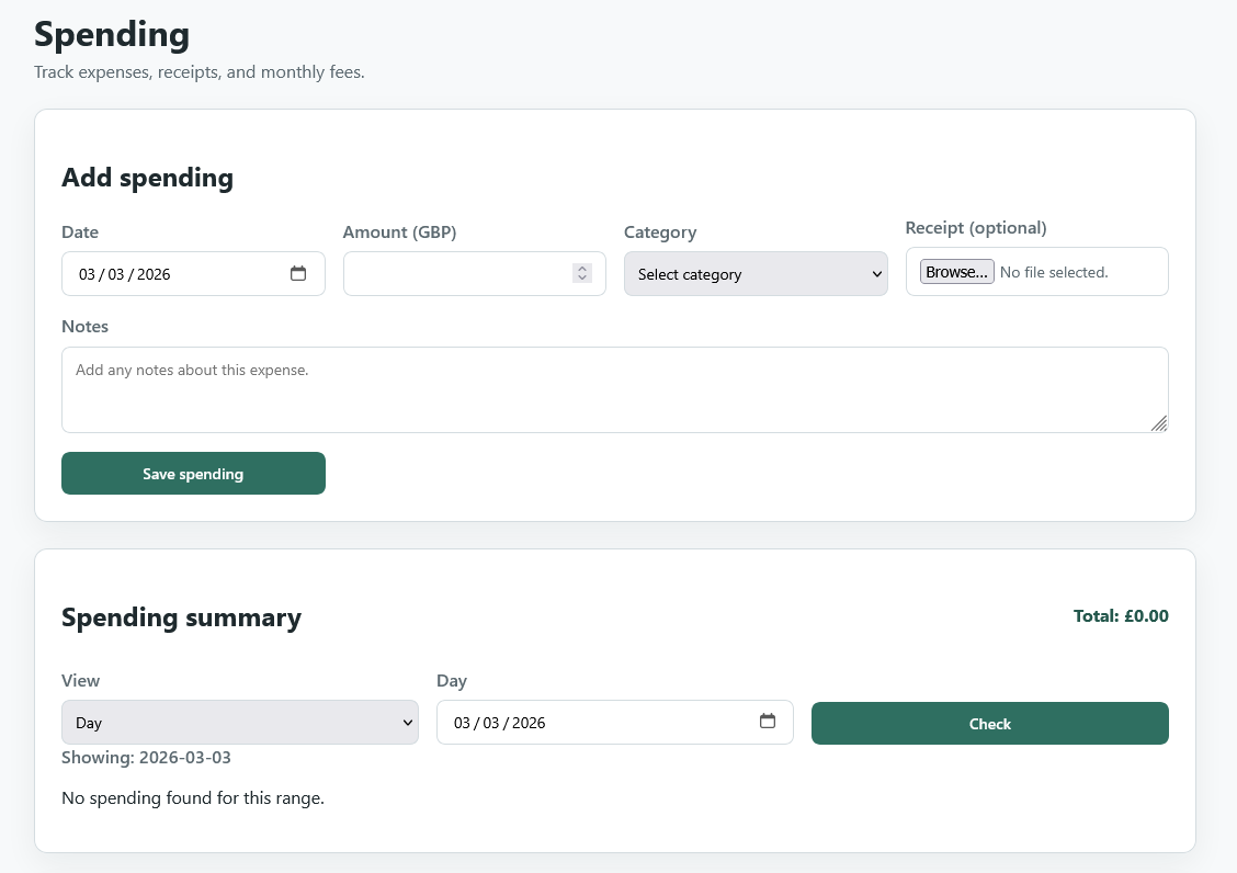 Daily spending page with receipt upload