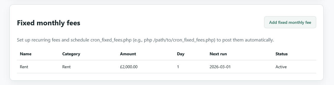 Fixed fees setup that adds charges monthly