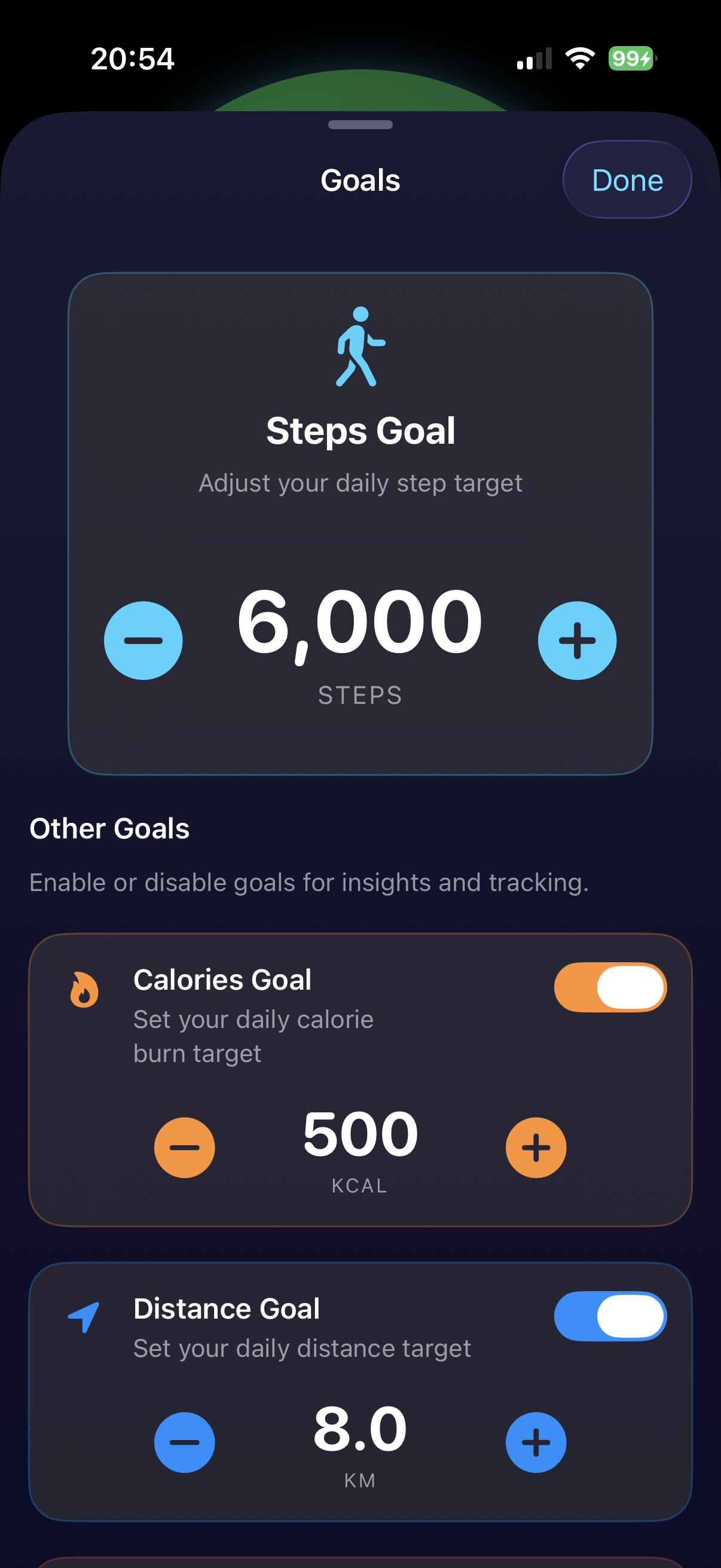 Custom goals settings